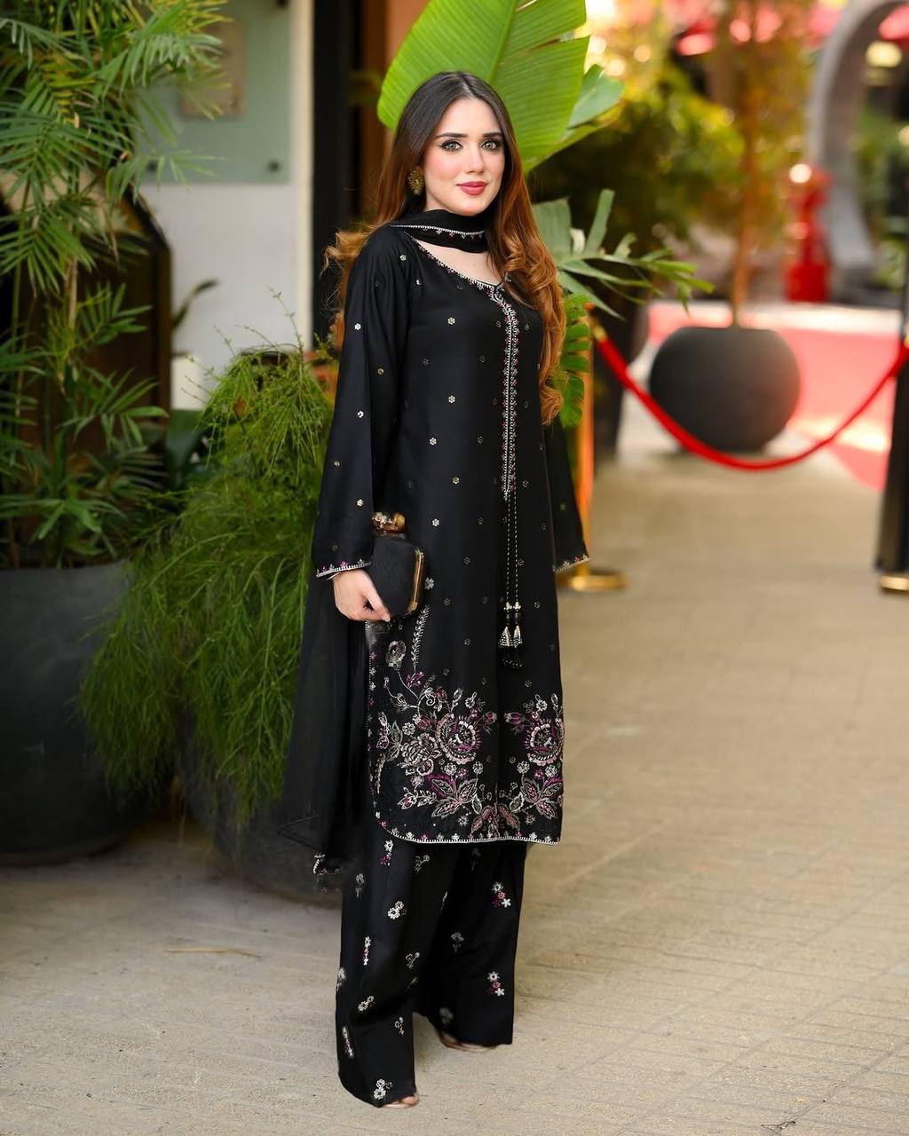 Iraaya Heavy Satin Glass Embroidered Kurti with Farshi Pant & Dupatta Set
