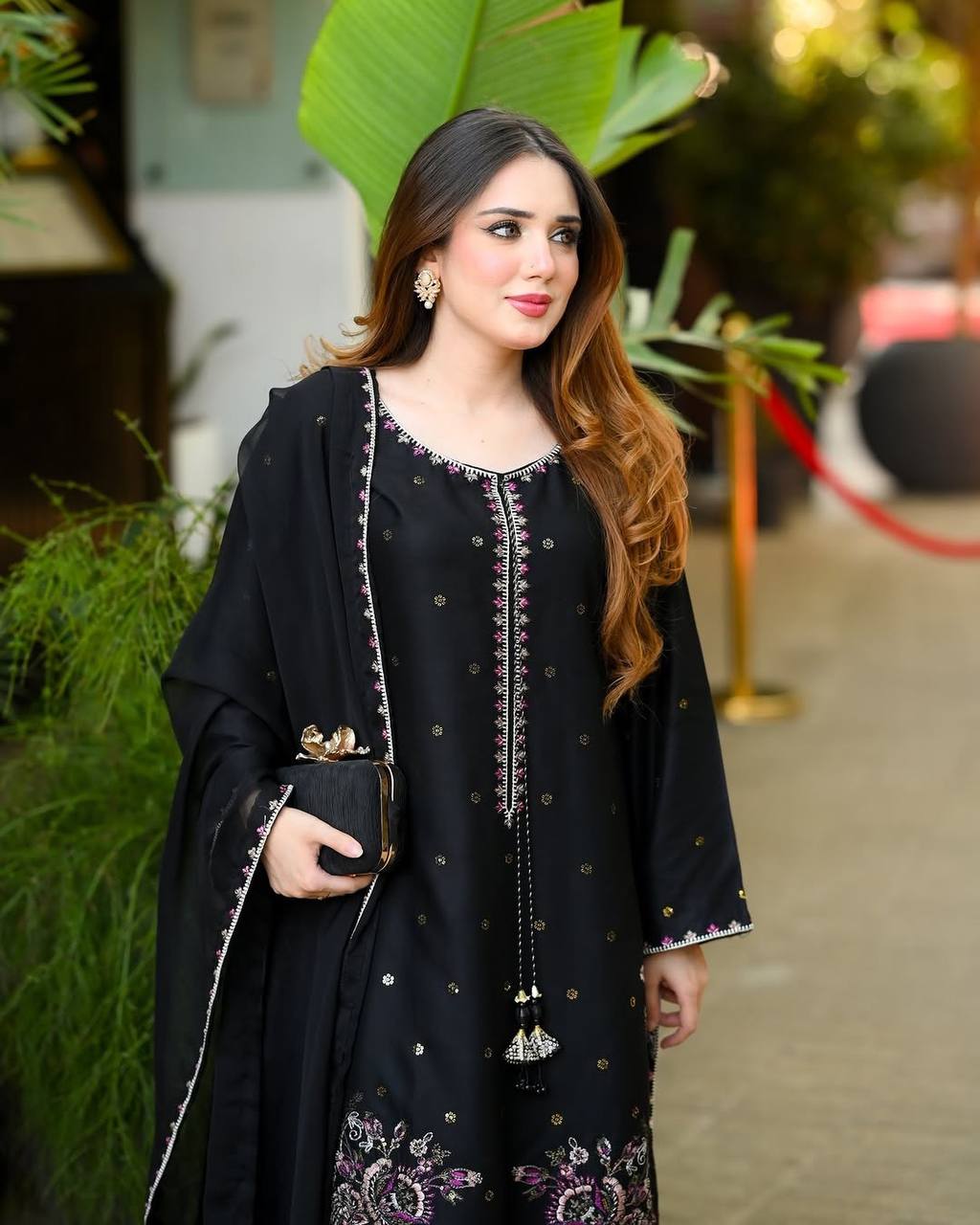 Avelina Heavy Satin Glass Thread Embroidered Farshi Pant Suit with Dupatta