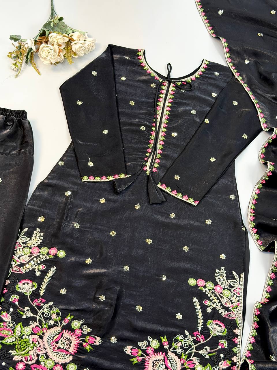 Avelina Heavy Satin Glass Thread Embroidered Farshi Pant Suit with Dupatta