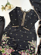 Avelina Heavy Satin Glass Thread Embroidered Farshi Pant Suit with Dupatta