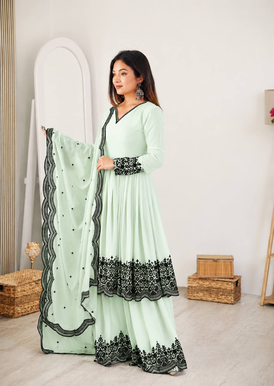 Zahira Premium Faux Georgette Thread Embroidered Palazzo Suit with Dupatta