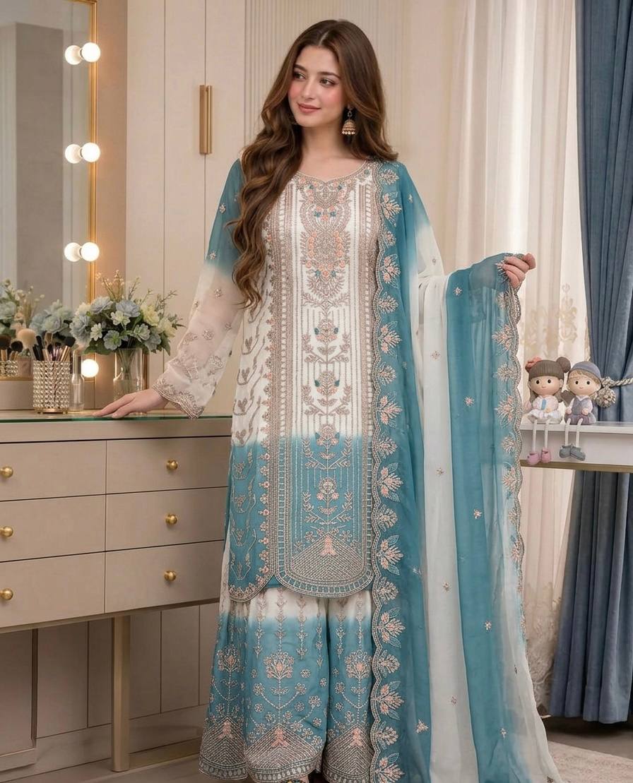 Ishani Dual Tone Star Georgette Thread Embroidered Kurti Palazzo with Cutwork Dupatta Set
