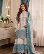 Ishani Dual Tone Star Georgette Thread Embroidered Kurti Palazzo with Cutwork Dupatta Set