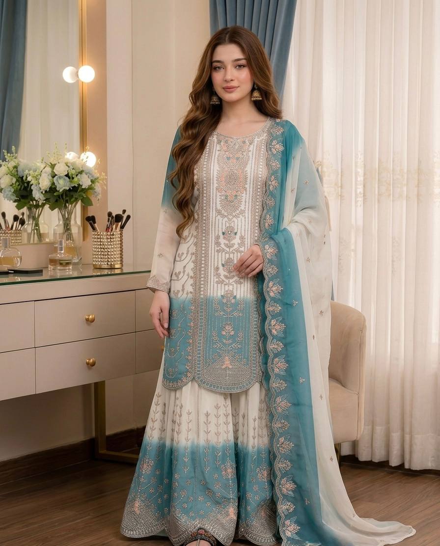 Ishani Dual Tone Star Georgette Thread Embroidered Kurti Palazzo with Cutwork Dupatta Set