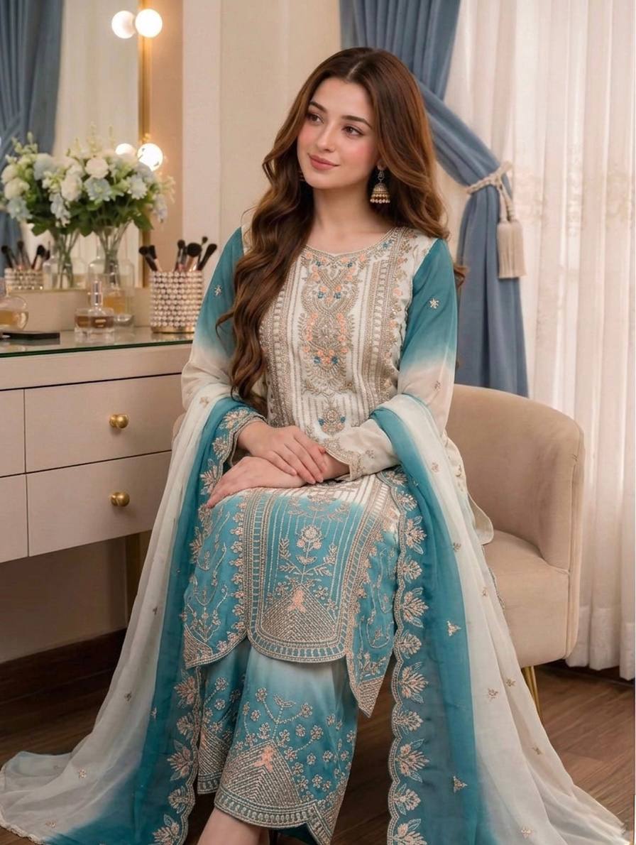 Ishani Dual Tone Star Georgette Thread Embroidered Kurti Palazzo with Cutwork Dupatta Set
