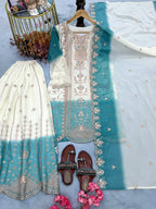 Ishani Dual Tone Star Georgette Thread Embroidered Kurti Palazzo with Cutwork Dupatta Set