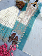 Ishani Dual Tone Star Georgette Thread Embroidered Kurti Palazzo with Cutwork Dupatta Set