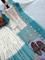 Ishani Dual Tone Star Georgette Thread Embroidered Kurti Palazzo with Cutwork Dupatta Set