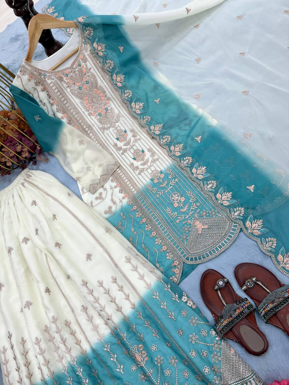 Ishani Dual Tone Star Georgette Thread Embroidered Kurti Palazzo with Cutwork Dupatta Set