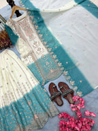 Ishani Dual Tone Star Georgette Thread Embroidered Kurti Palazzo with Cutwork Dupatta Set