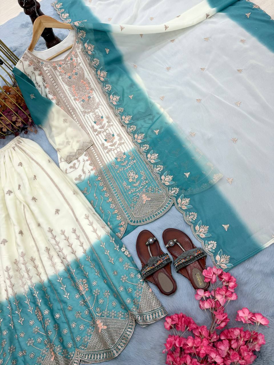 Ishani Dual Tone Star Georgette Thread Embroidered Kurti Palazzo with Cutwork Dupatta Set