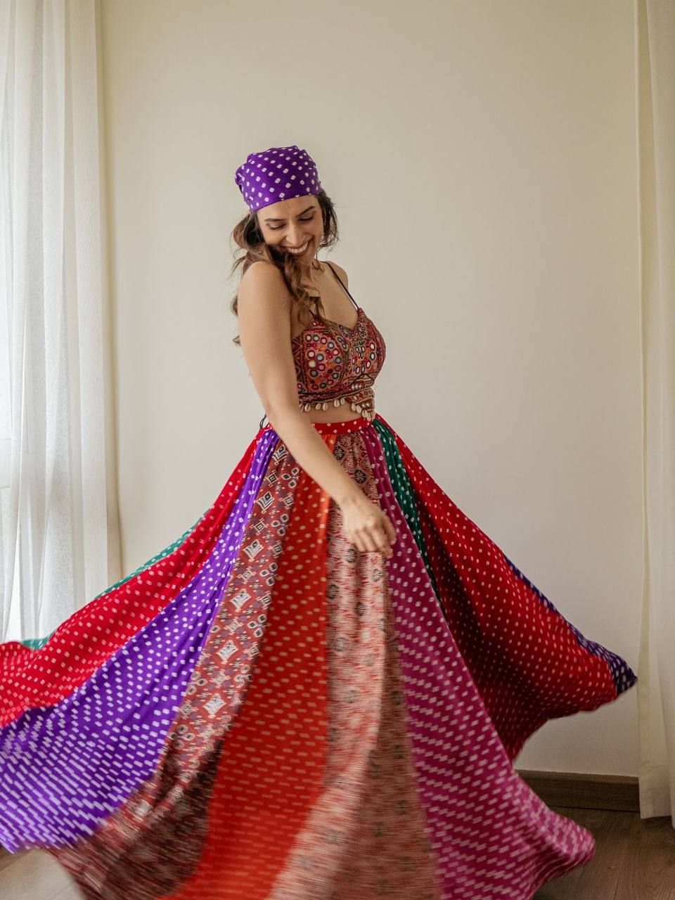 Noorani Navratri Faux Georgette Gamthi Lehenga Choli with Real Mirror Work & 4 Meter Flair