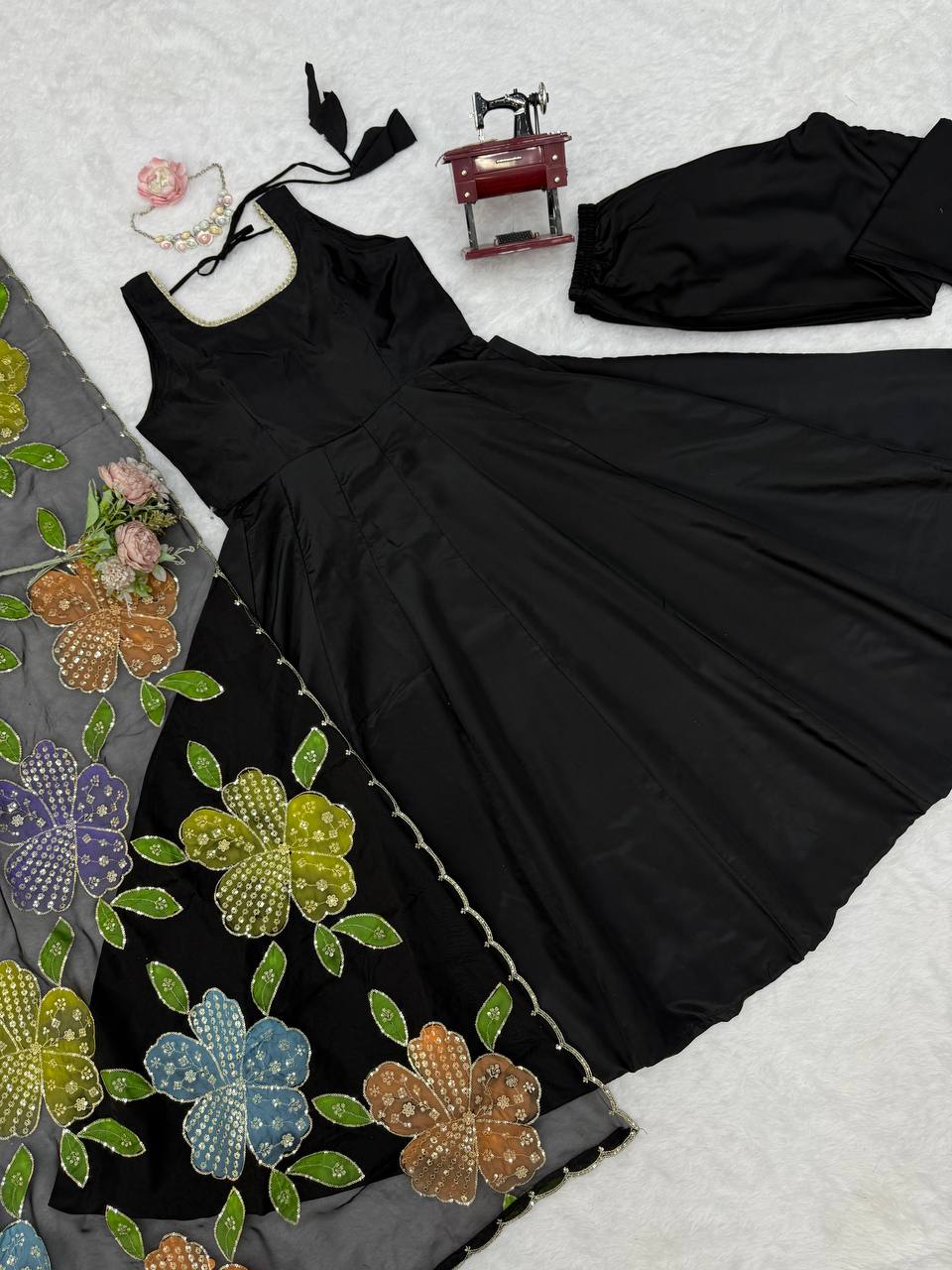 Anvika Natural Crepe Anarkali with Pant & Tabby Silk Printed Dupatta Set