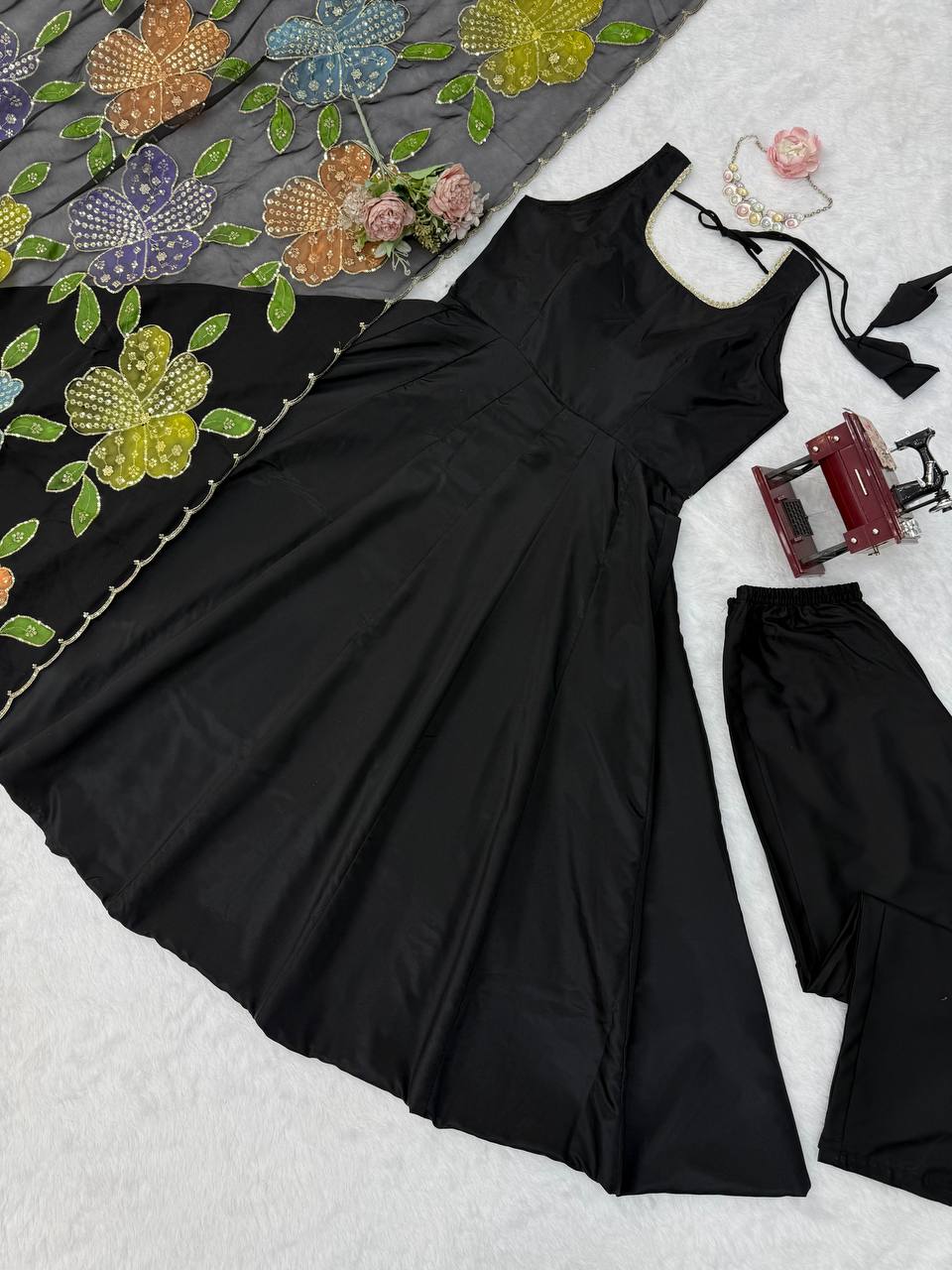 Anvika Natural Crepe Anarkali with Pant & Tabby Silk Printed Dupatta Set