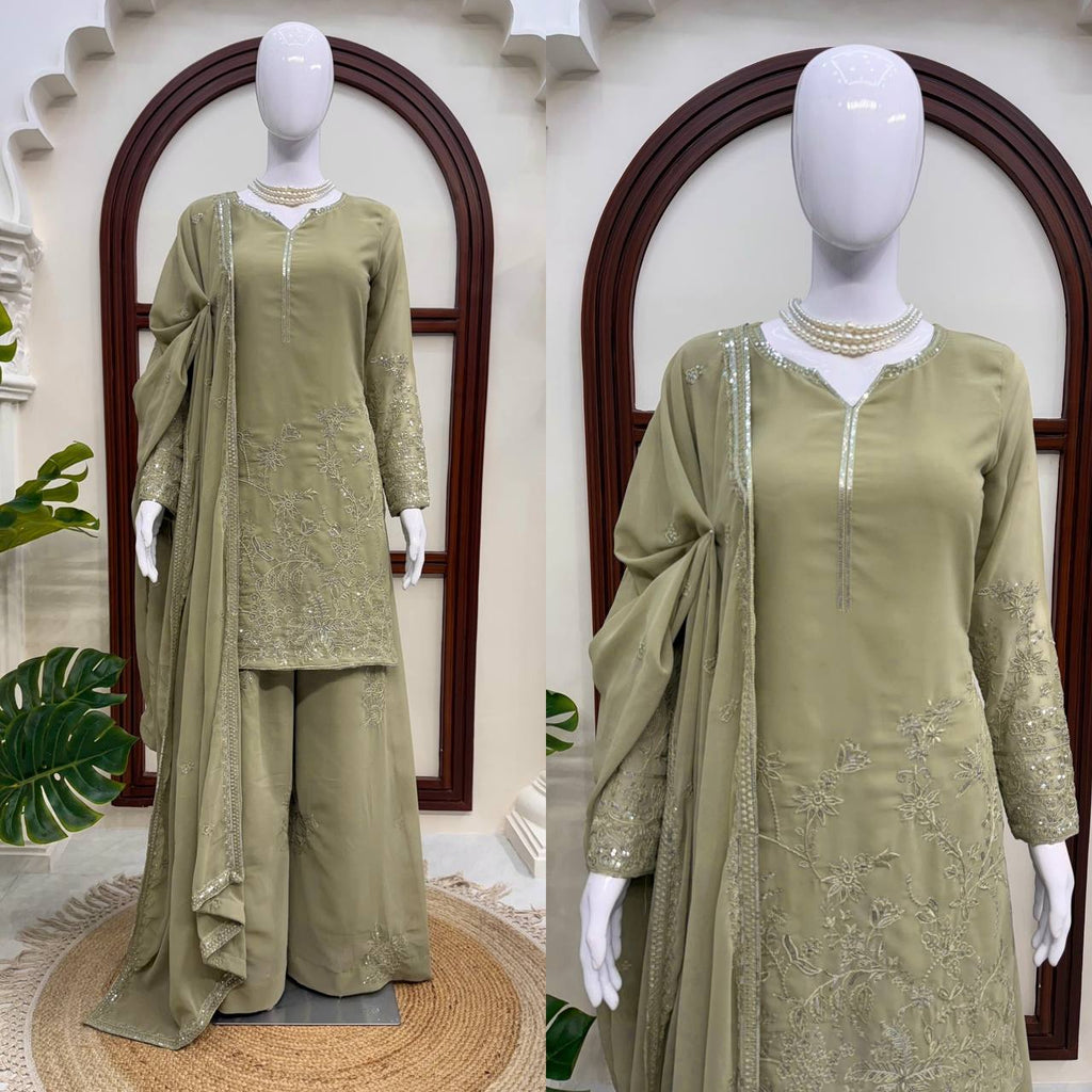 Kashvi Faux Georgette Thread & Sequence Embroidered Kurti with Palazzo & Dupatta Set