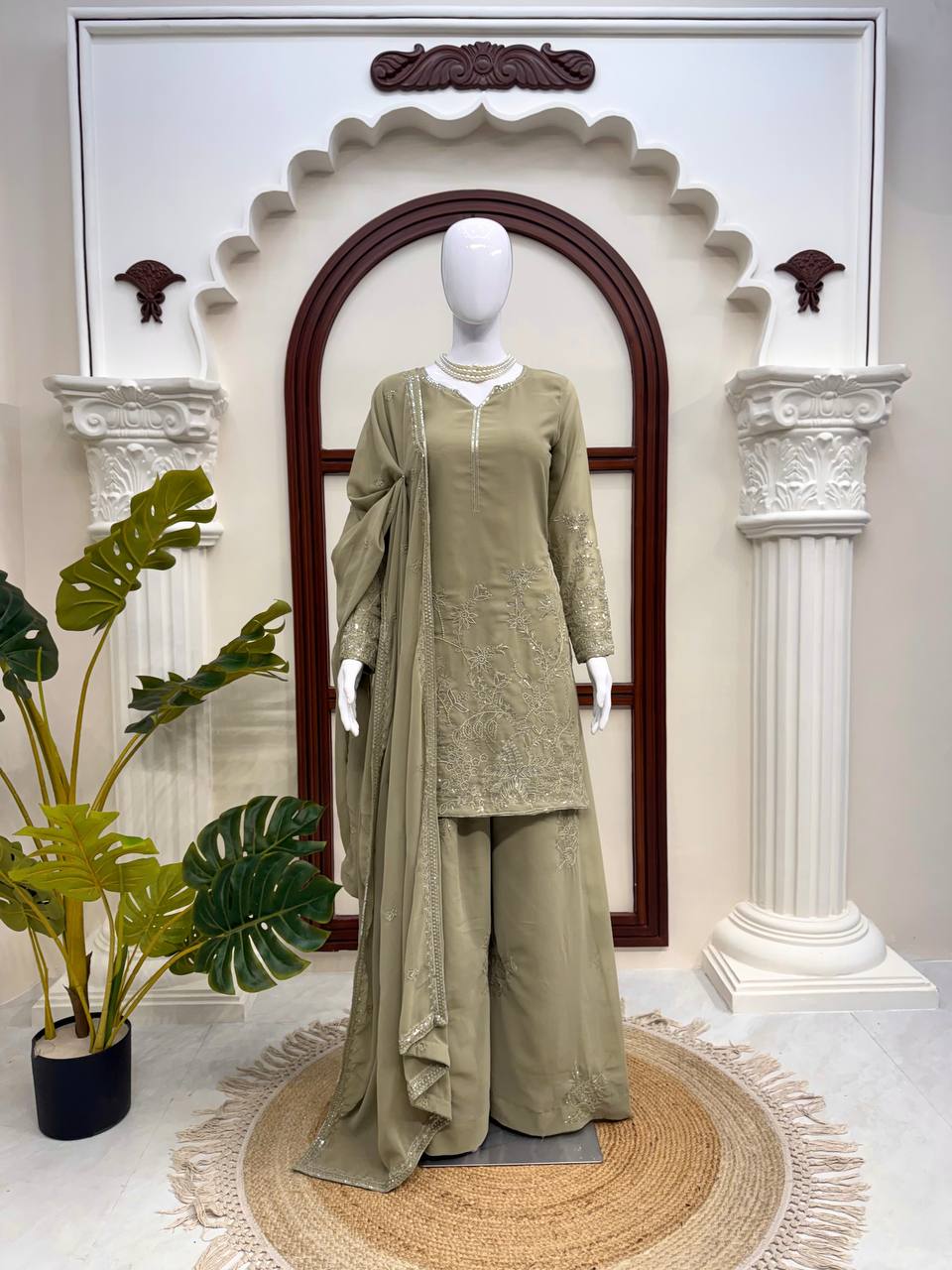 Kashvi Faux Georgette Thread & Sequence Embroidered Kurti with Palazzo & Dupatta Set