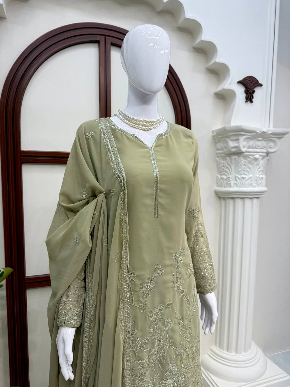 Kashvi Faux Georgette Thread & Sequence Embroidered Kurti with Palazzo & Dupatta Set