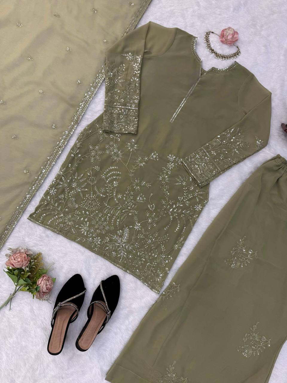 Kashvi Faux Georgette Thread & Sequence Embroidered Kurti with Palazzo & Dupatta Set
