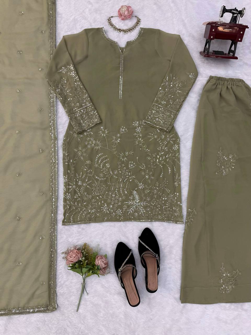 Kashvi Faux Georgette Thread & Sequence Embroidered Kurti with Palazzo & Dupatta Set