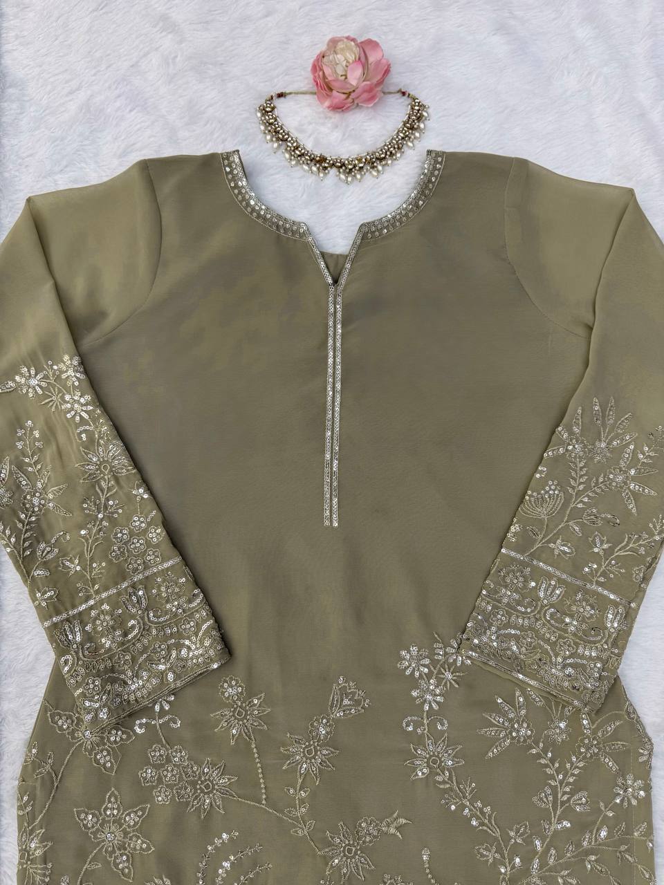 Kashvi Faux Georgette Thread & Sequence Embroidered Kurti with Palazzo & Dupatta Set