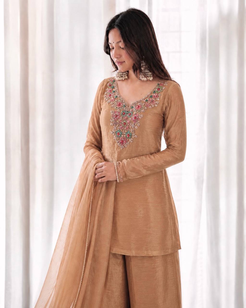 Aafreen Pure Salsa Silk Embroidered Top Palazzo Set with Sequin, Beads & Kundan Work