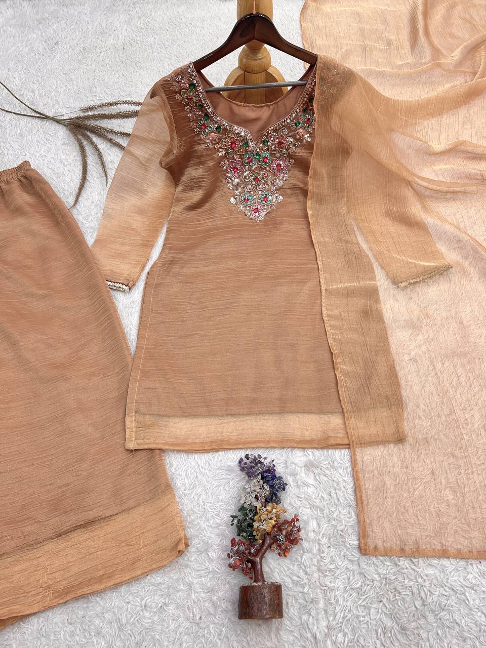 Aafreen Pure Salsa Silk Embroidered Top Palazzo Set with Sequin, Beads & Kundan Work