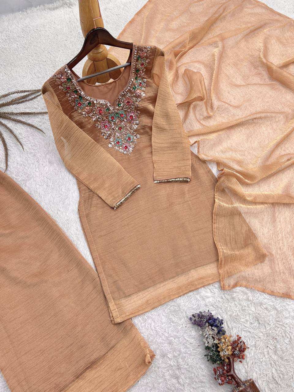 Aafreen Pure Salsa Silk Embroidered Top Palazzo Set with Sequin, Beads & Kundan Work