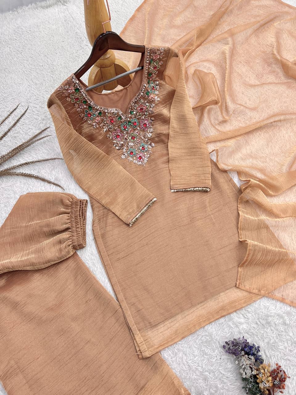 Aafreen Pure Salsa Silk Embroidered Top Palazzo Set with Sequin, Beads & Kundan Work