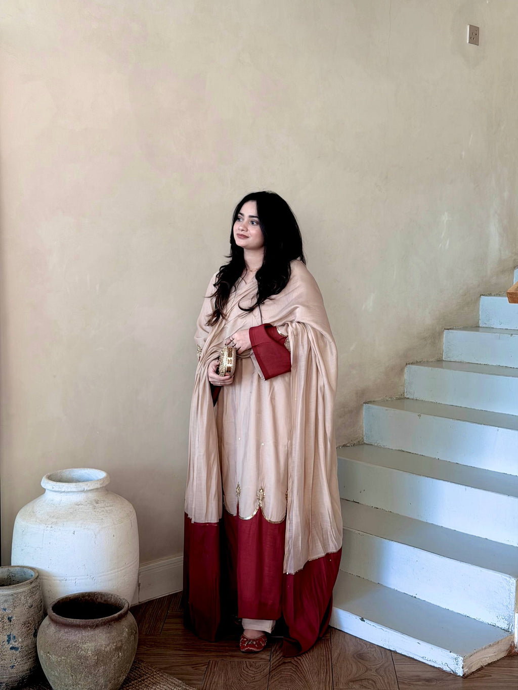 Ruhani Roman Silk Embroidered Kaftan Dress with Palazzo & Lace Border Dupatta