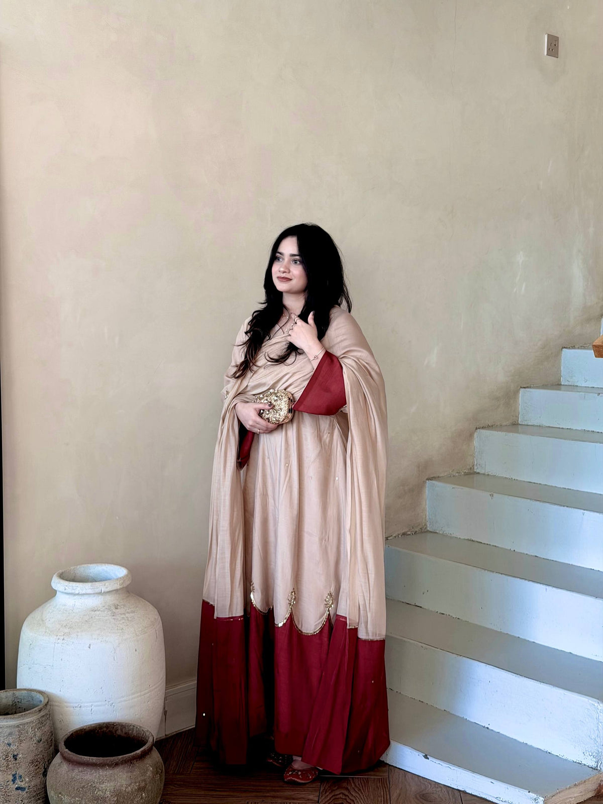 Ruhani Roman Silk Embroidered Kaftan Dress with Palazzo & Lace Border Dupatta