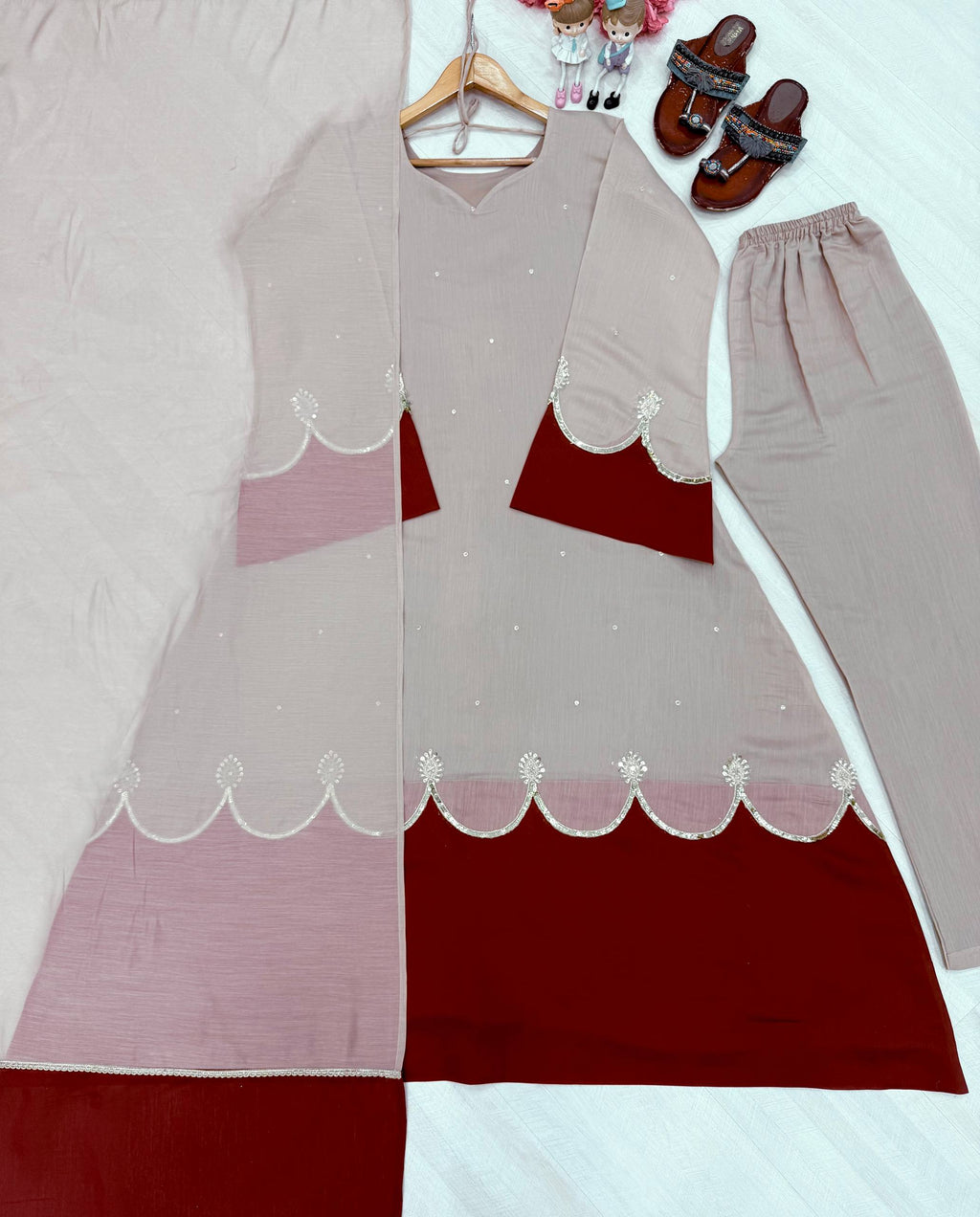 Ruhani Roman Silk Embroidered Kaftan Dress with Palazzo & Lace Border Dupatta