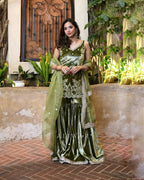 Vihana Pure Heavy Viscous Velvet Embroidered Sharara Suit with Moti Hand Work & Organza Dupatta