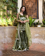 Vihana Pure Heavy Viscous Velvet Embroidered Sharara Suit with Moti Hand Work & Organza Dupatta