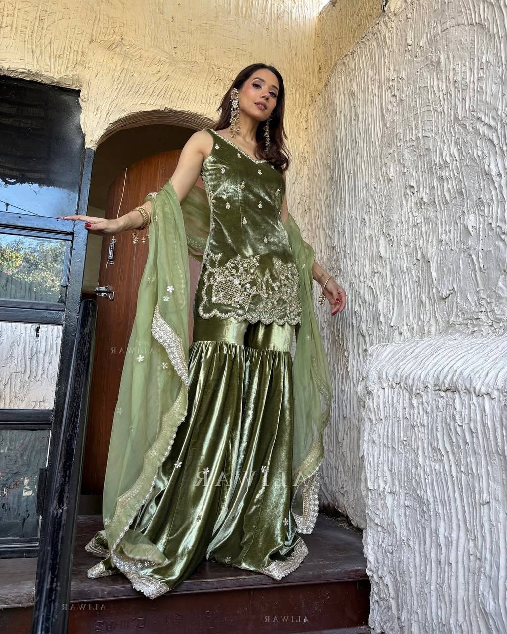 Vihana Pure Heavy Viscous Velvet Embroidered Sharara Suit with Moti Hand Work & Organza Dupatta