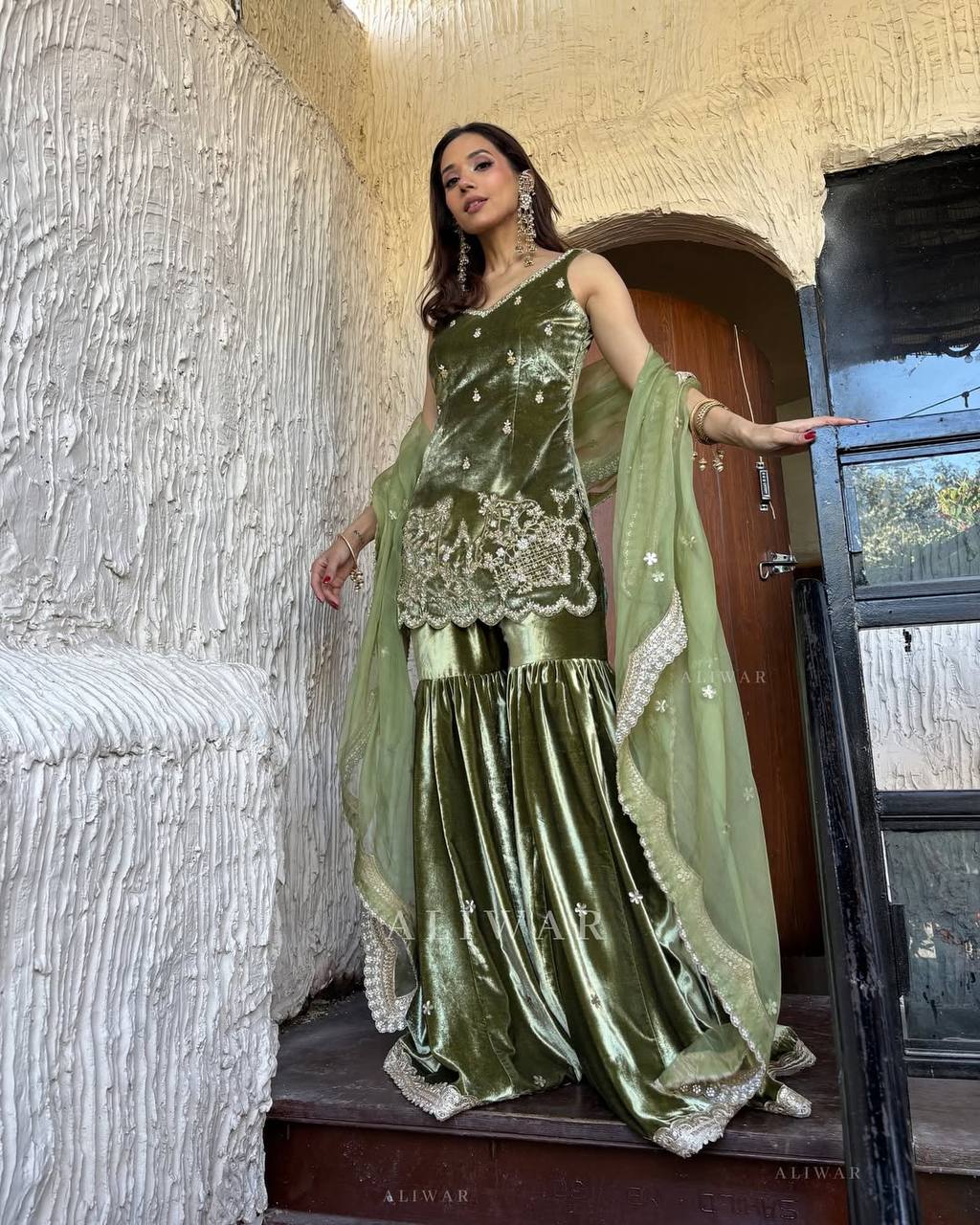Vihana Pure Heavy Viscous Velvet Embroidered Sharara Suit with Moti Hand Work & Organza Dupatta