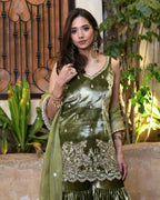 Vihana Pure Heavy Viscous Velvet Embroidered Sharara Suit with Moti Hand Work & Organza Dupatta