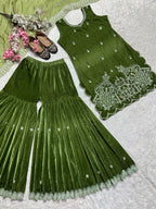 Vihana Pure Heavy Viscous Velvet Embroidered Sharara Suit with Moti Hand Work & Organza Dupatta
