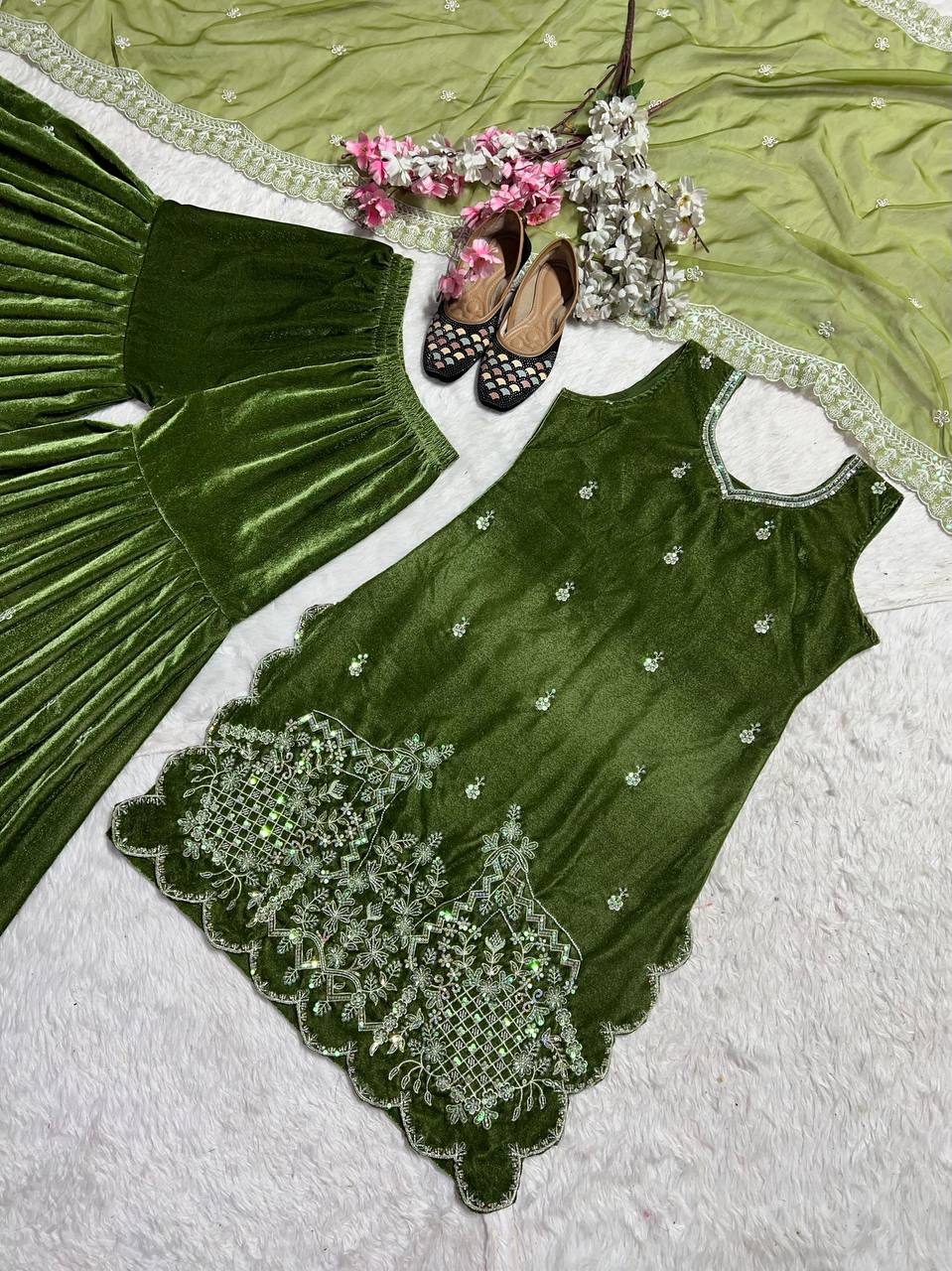 Vihana Pure Heavy Viscous Velvet Embroidered Sharara Suit with Moti Hand Work & Organza Dupatta