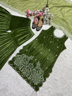 Vihana Pure Heavy Viscous Velvet Embroidered Sharara Suit with Moti Hand Work & Organza Dupatta