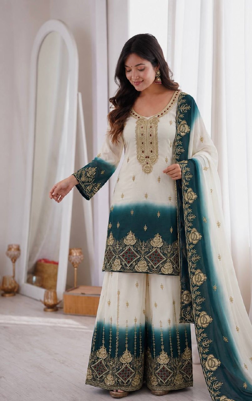 Zarmina Dual Tone Star Georgette Embroidered Top Palazzo Set with Sequin & Kundan Work