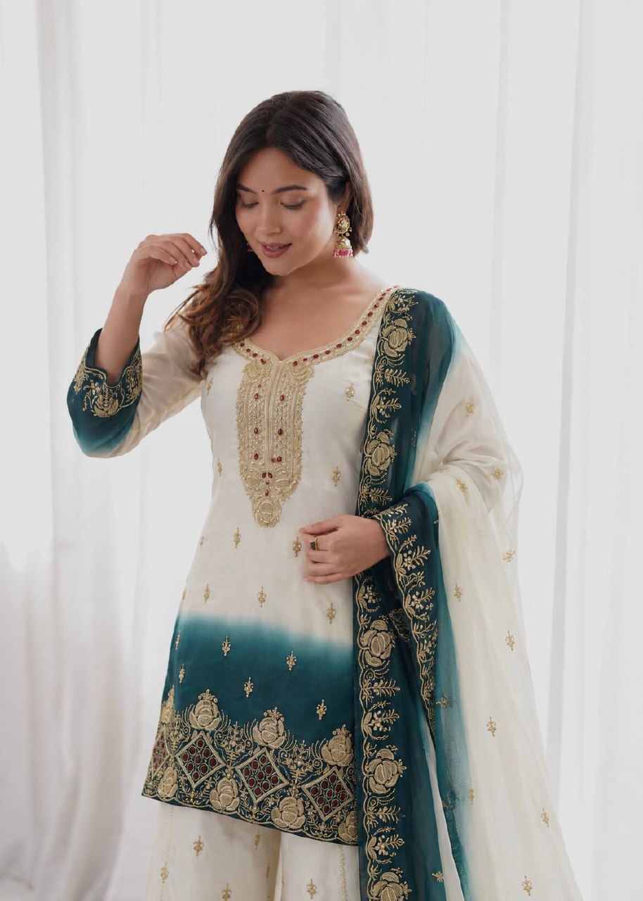 Zarmina Dual Tone Star Georgette Embroidered Top Palazzo Set with Sequin & Kundan Work