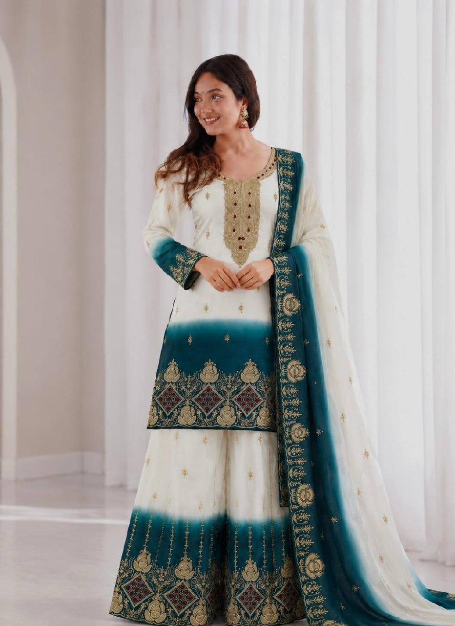 Zarmina Dual Tone Star Georgette Embroidered Top Palazzo Set with Sequin & Kundan Work