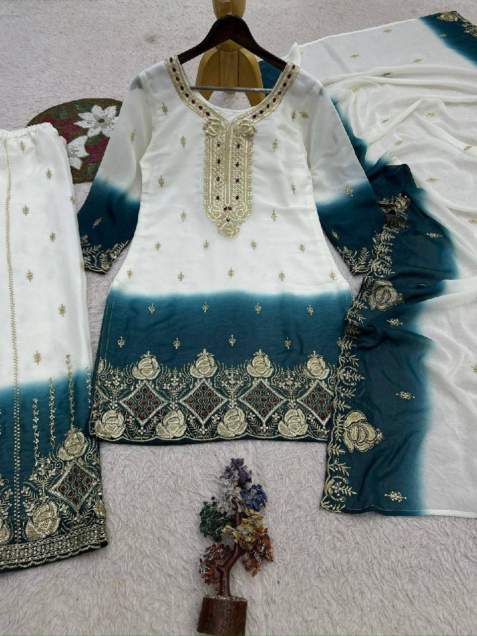 Zarmina Dual Tone Star Georgette Embroidered Top Palazzo Set with Sequin & Kundan Work