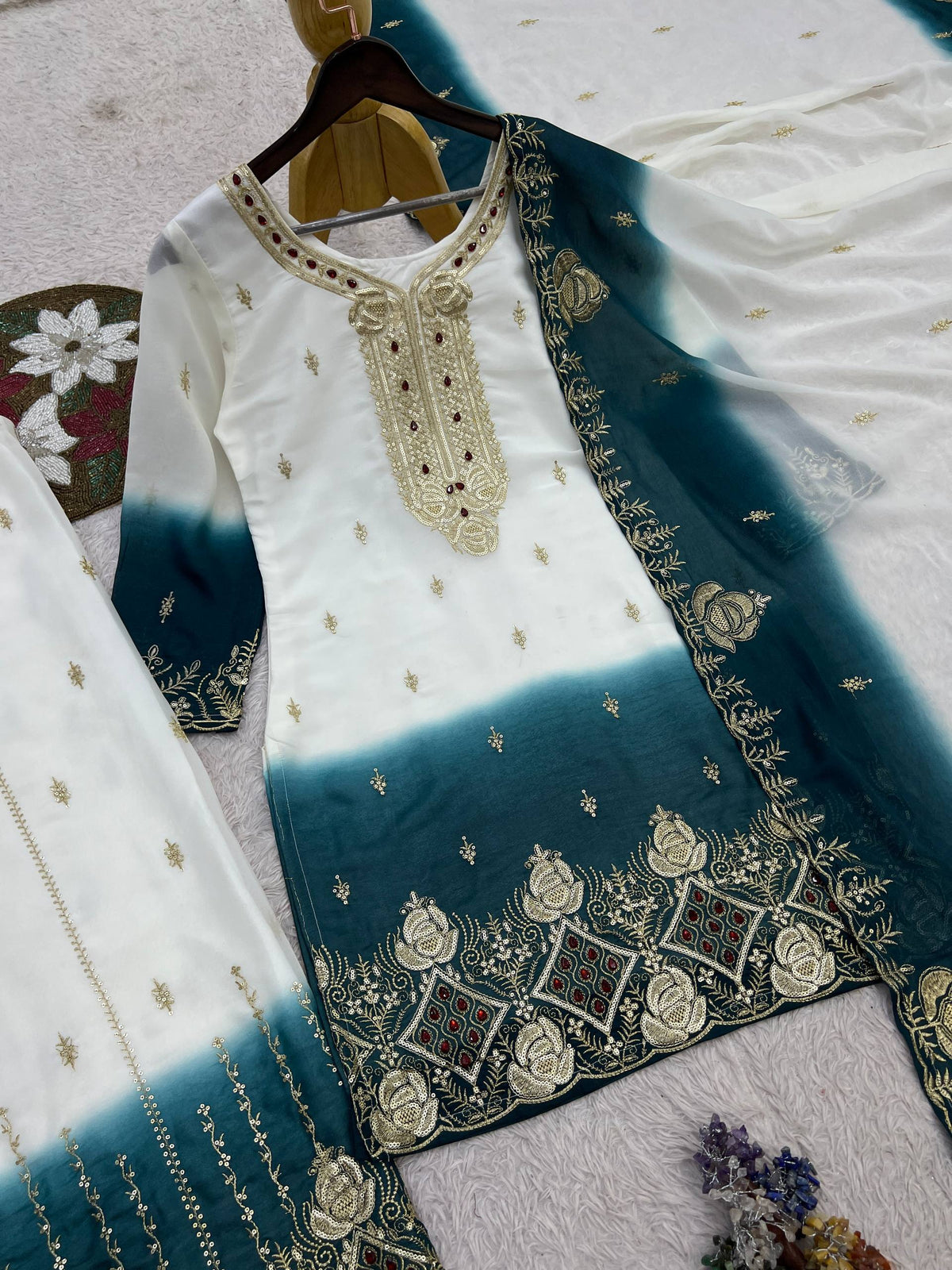 Zarmina Dual Tone Star Georgette Embroidered Top Palazzo Set with Sequin & Kundan Work