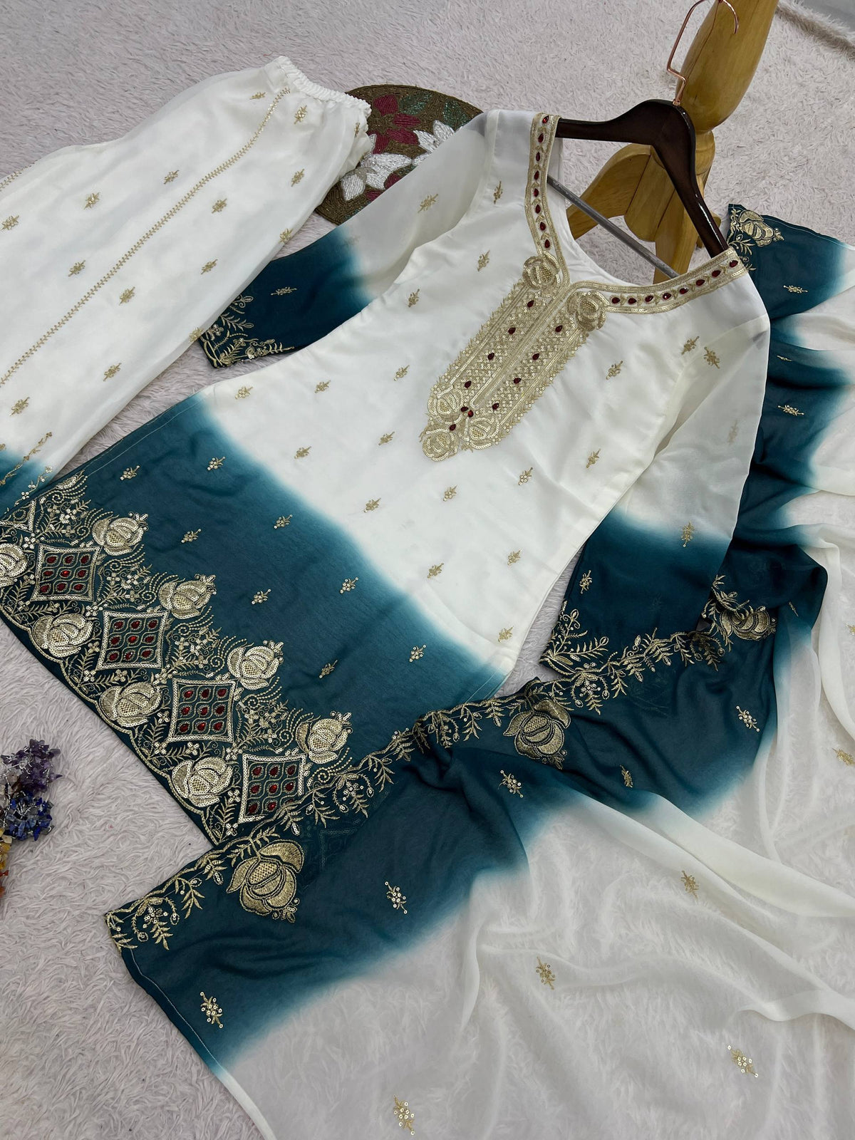 Zarmina Dual Tone Star Georgette Embroidered Top Palazzo Set with Sequin & Kundan Work