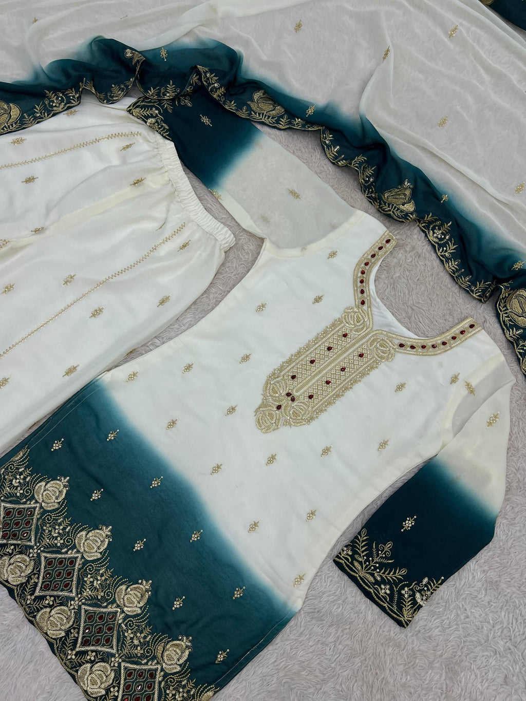 Zarmina Dual Tone Star Georgette Embroidered Top Palazzo Set with Sequin & Kundan Work