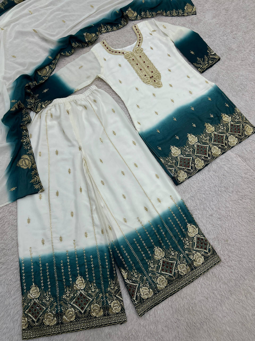 Zarmina Dual Tone Star Georgette Embroidered Top Palazzo Set with Sequin & Kundan Work