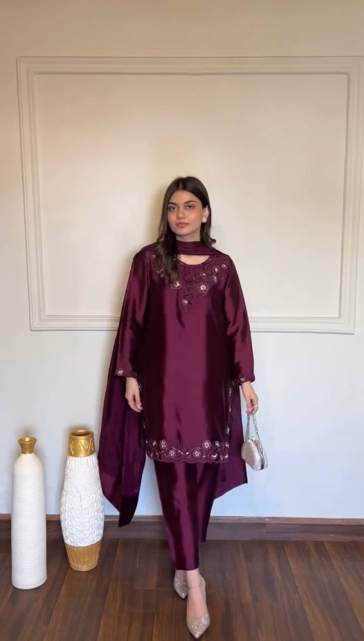 Ameyra Luxe American Silk Thread & Sequence Embroidered Suit Set with Pant & Tibby Silk Dupatta