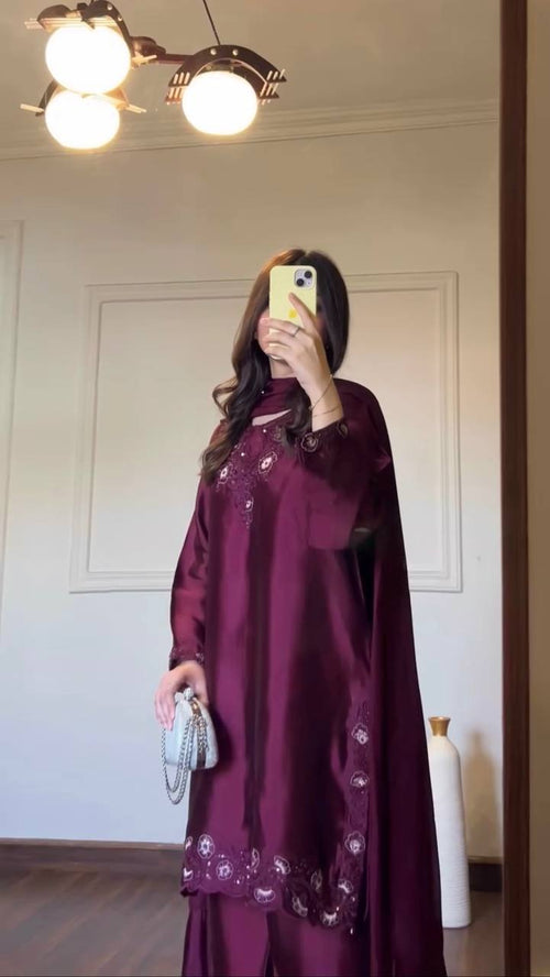 Ameyra Luxe American Silk Thread & Sequence Embroidered Suit Set with Pant & Tibby Silk Dupatta