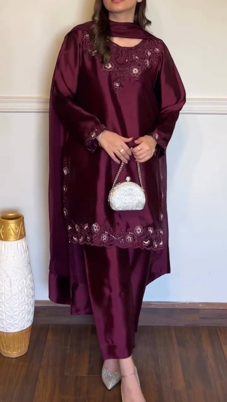 Ameyra Luxe American Silk Thread & Sequence Embroidered Suit Set with Pant & Tibby Silk Dupatta